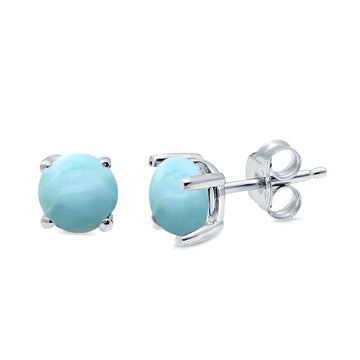 Round Solitaire Stud Earrings Natural Larimar 925 Sterling Silver 7mm